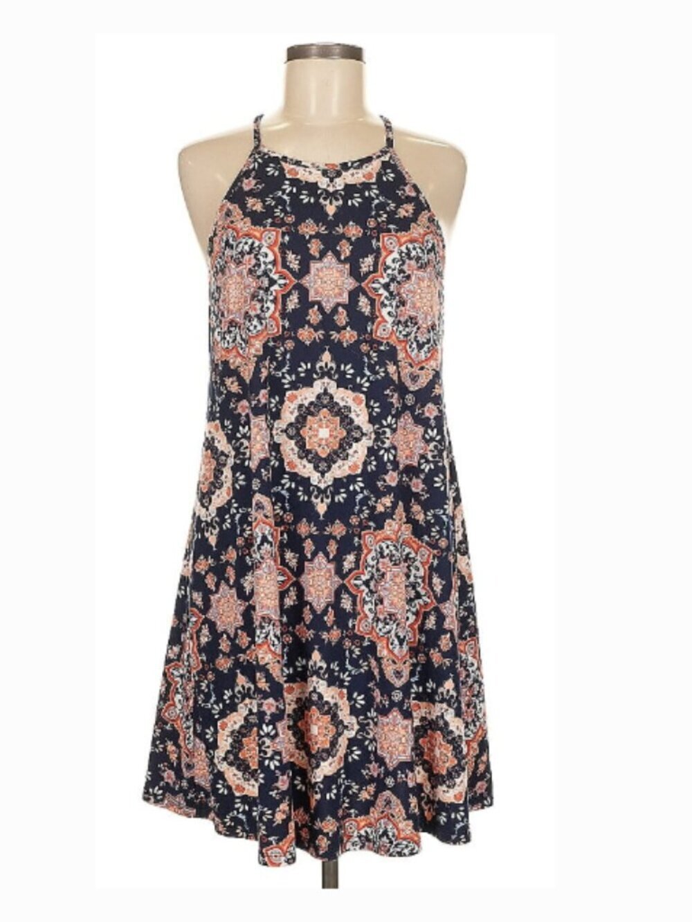 French Grey Boho Medallion Print Halter Swing Tank Top Size Medium